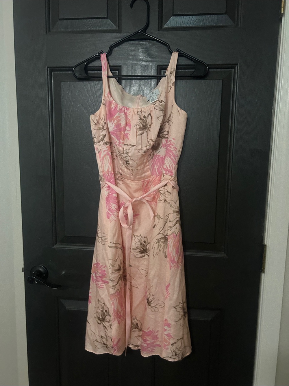 LOFT Pink Floral Midi Dress with Self-Tie Waist